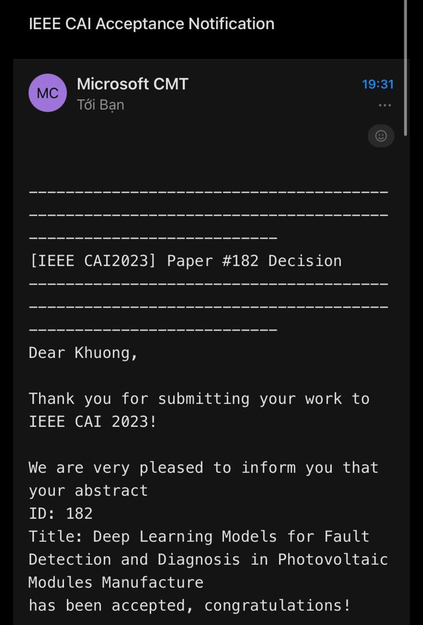 Email confirmations of abstract acceptance at the 2023 IEEE CAI