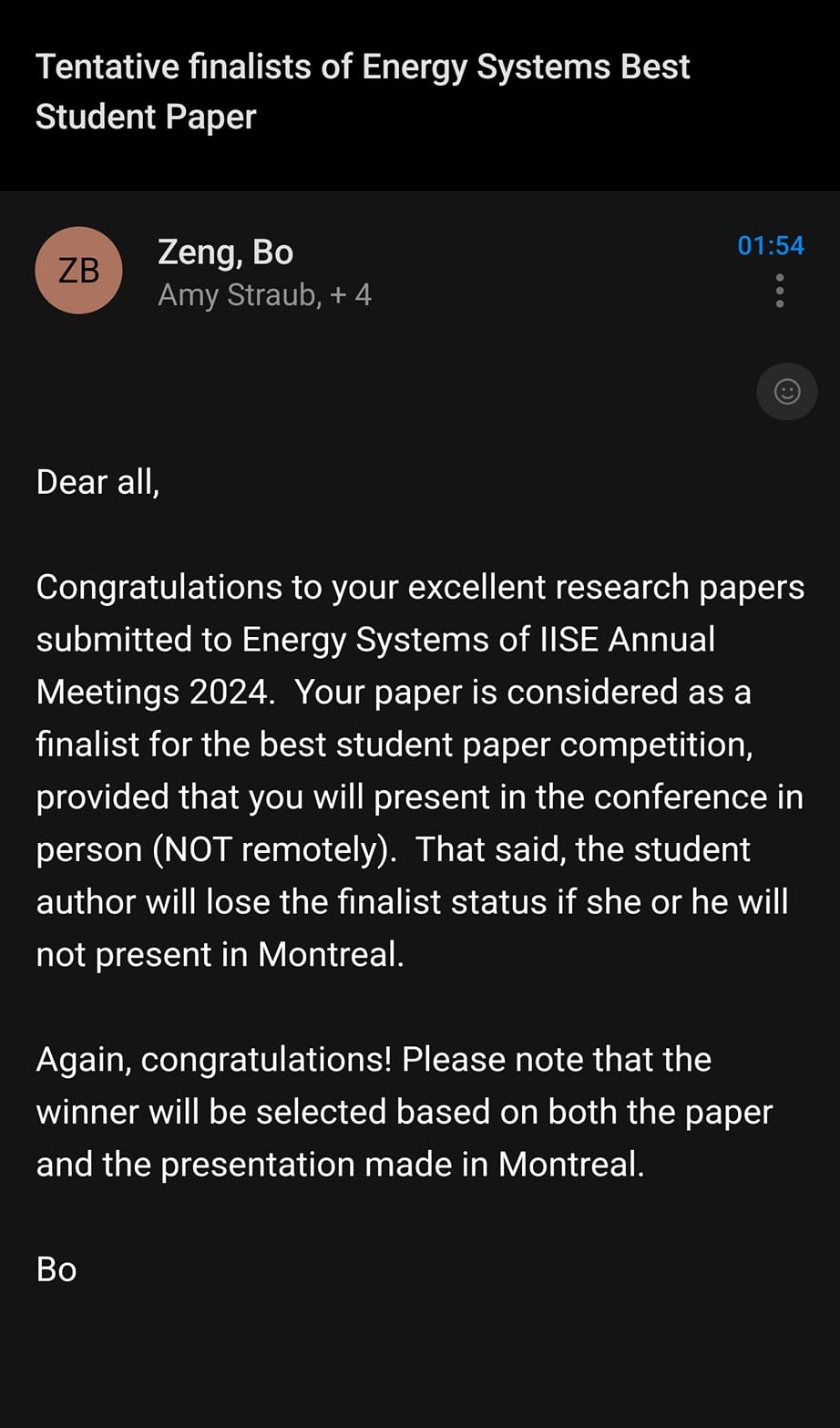 Email confirmations of research paper acceptance at the 2024 IISE Annual Meetings