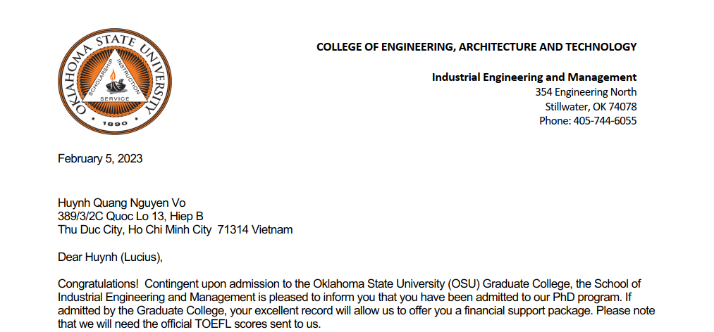 Acceptance letter from the Graduate College of OSU